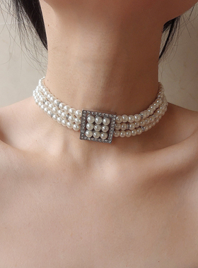 欧美时尚个性夸张三层珍珠项链女小众设计感choker锁骨链耳针耳环