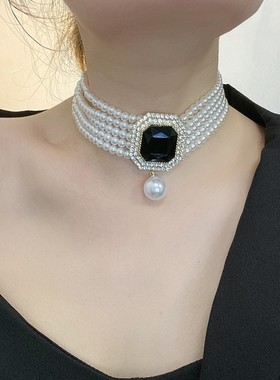 锁骨链女镶钻珍珠项链