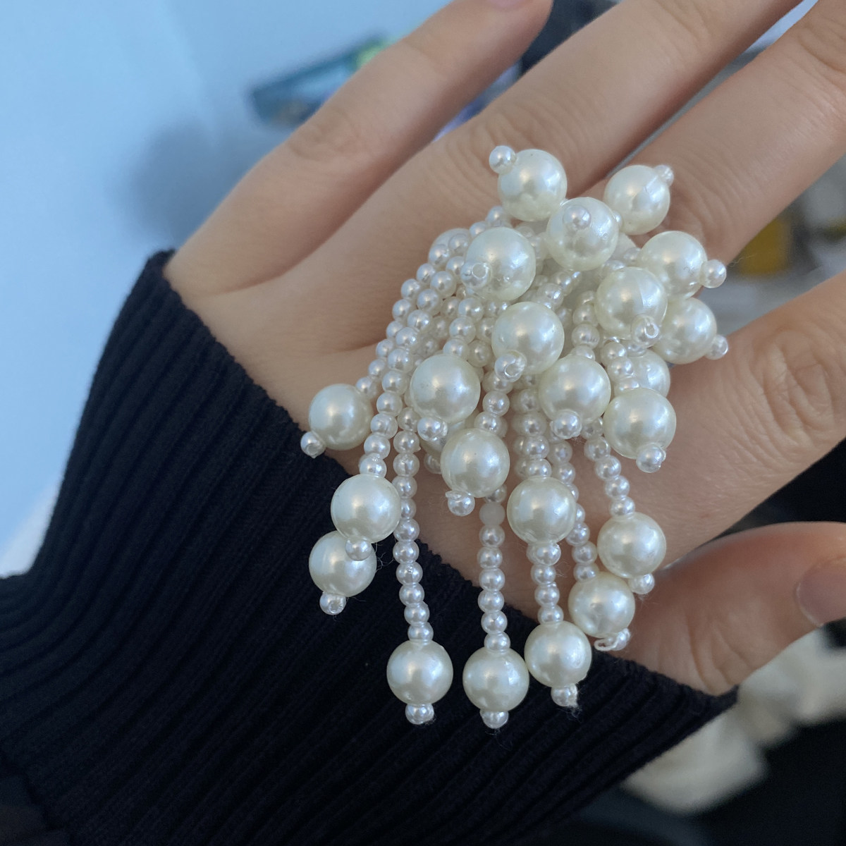 女珍珠金属流苏戒指指环