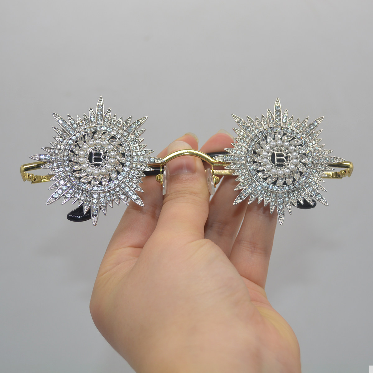 奢华大气太阳花字母水晶满钻太阳镜珍珠个性雪花镶钻眼镜简约墨镜