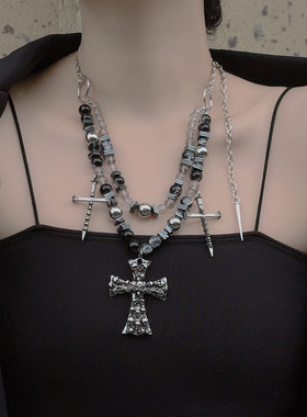 朋克风十字架项链女双层叠戴锁骨链重工风金属链条甜酷y2k毛衣链