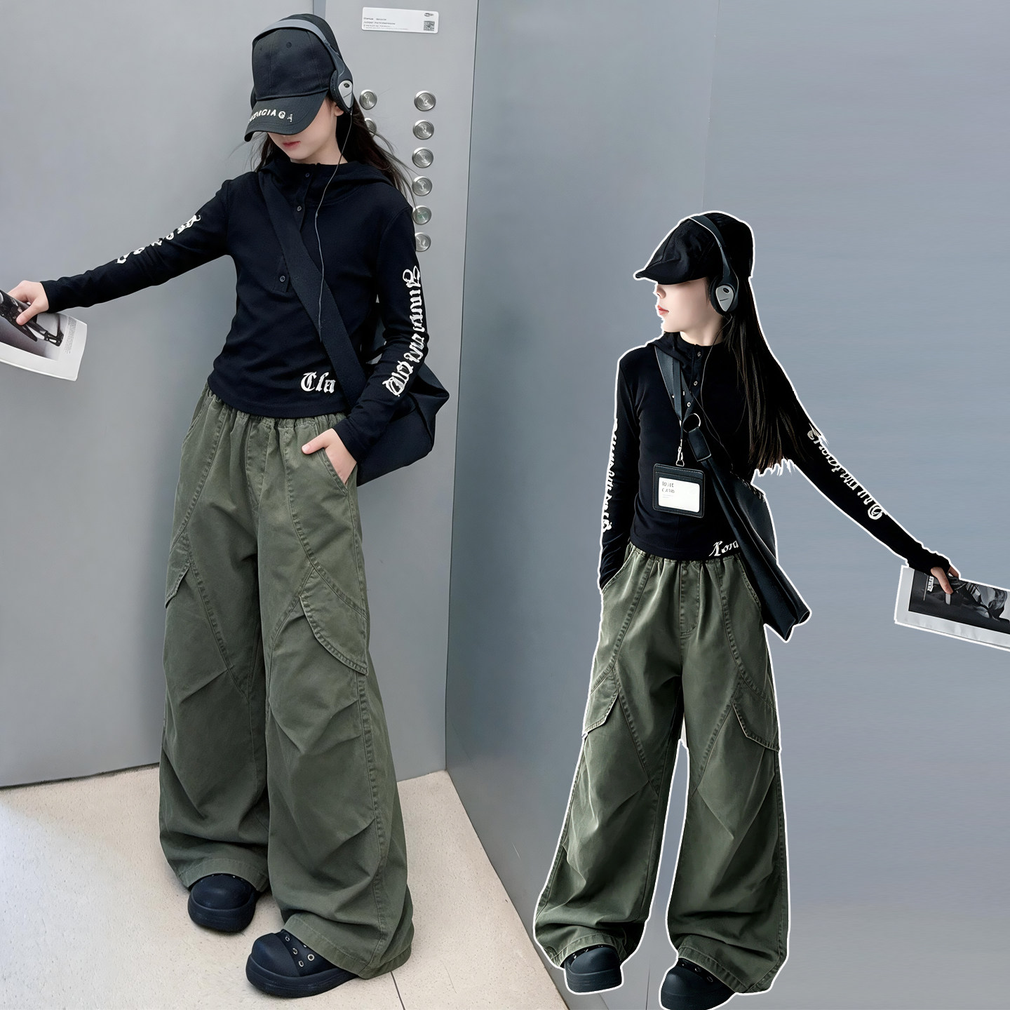 女童工装风套装春秋款2025新款中大童连帽上衣阔腿裤时尚显瘦穿搭
