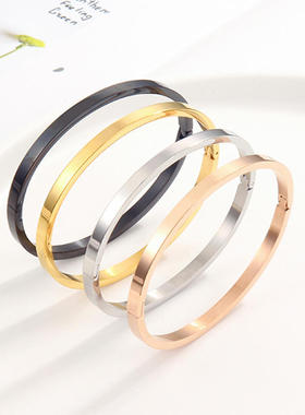 欧美风格简约光面卡扣手镯冷淡风4mm宽无情侣不锈钢手环手镯