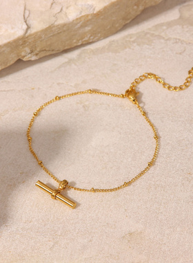 INS新款钛钢脚链镀18K金色个性Tbar棒子吊坠圆珠链脚链百搭脚链女