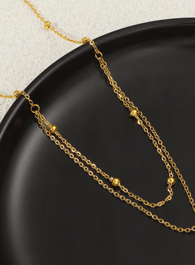 精致双层设计款单钻珠珠项链女气质高级感钛钢叠戴锆石锁骨颈链女