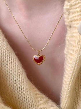韩系爆款甜美红色爱心项链气质精致小巧钛钢镀18K金百搭锁骨链女