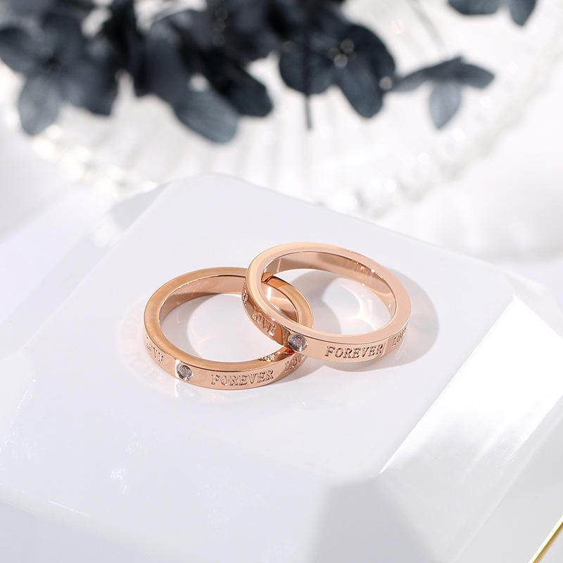 韩版简约时尚玫瑰金钛钢戒指女个性forever love英文字母戒指