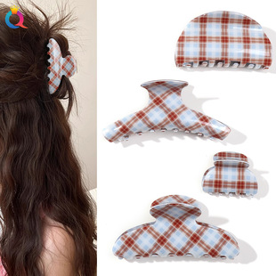奇阅蓝棕格纹亚克力抓夹简约高马尾鲨鱼夹发夹女后脑勺盘发发饰品
