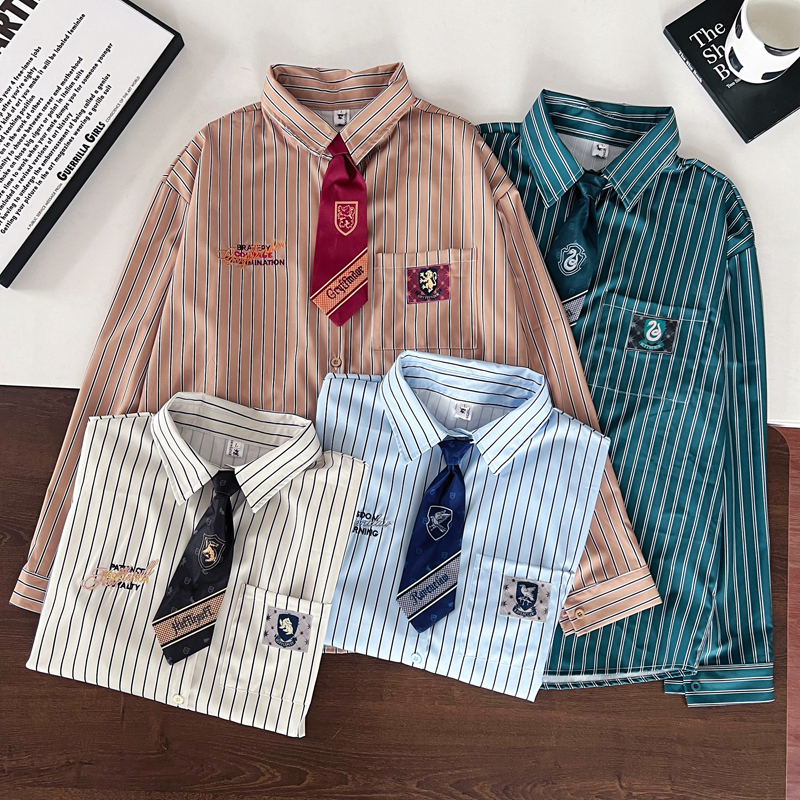 哈利波联名新款衬衫休闲宽松长袖条纹衬衫刺绣显瘦polo学院上衣JK