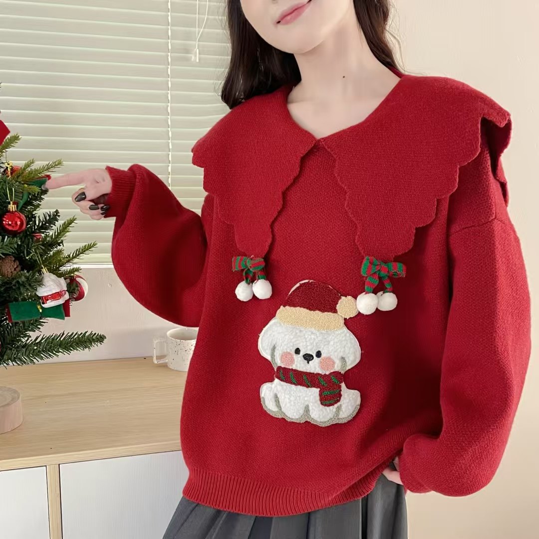 圣诞新年红色卡通娃娃领套头毛衣女2025春季新款宽松洋气针织上衣