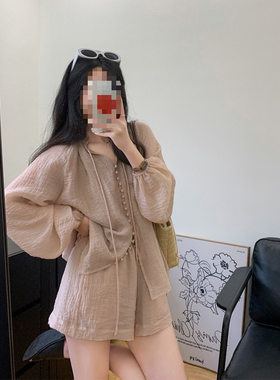 新中式泡泡袖防晒短裤两件套装
