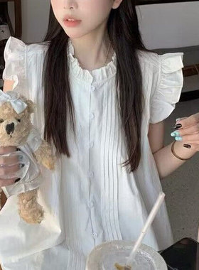 法式设计感甜美小飞袖蓝色格子衬衫女夏季复古别致荷叶边无袖上衣