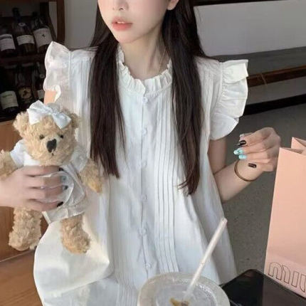 法式设计感甜美小飞袖蓝色格子衬衫女夏季复古别致荷叶边无袖上衣