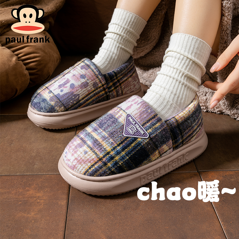 大嘴猴2025新款格子棉拖鞋厚底男女情侣厚底防滑保暖居家毛绒棉鞋