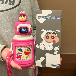 蜡笔小新智能大容量保温杯儿童学生316温显防摔吸管500ml055 056