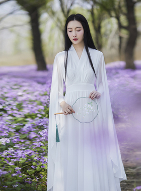 改良汉服女装古风白色仙女裙汉元素中式交领飘逸国风连衣裙长袖