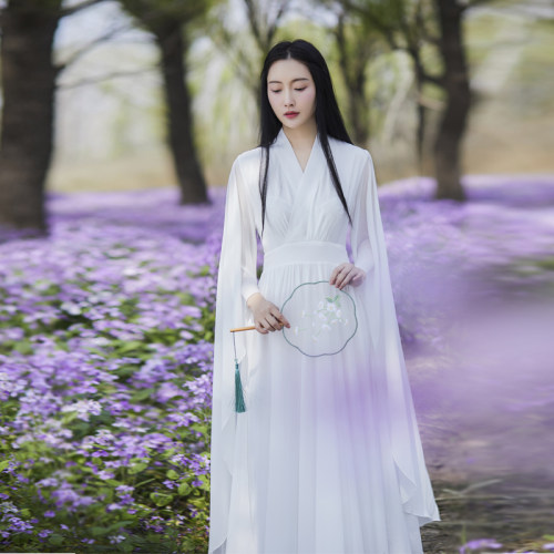改良汉服国风交领白色仙女连衣裙