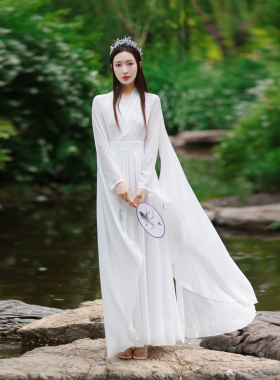 新中式国风禅意女装白色连衣裙女古筝演出服仙气飘飘茶服疗愈禅服