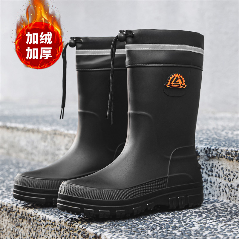 加厚防水束口雨鞋男款中筒骑手雨靴防滑胶鞋加绒保暖耐磨水靴四季