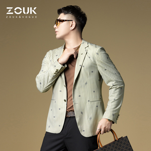 外套男款 薄款 卡其色修身 休闲西服春季 男士 ZOUK竖条纹雅痞高端西装