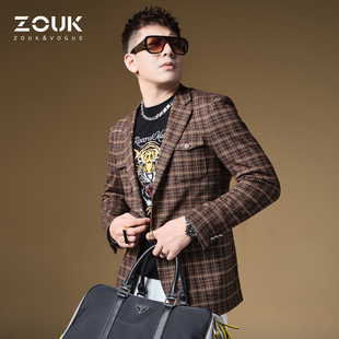 休闲西服2022新款 ZOUK美式 外套男高级感潮牌男士 西装 复古格纹猎装