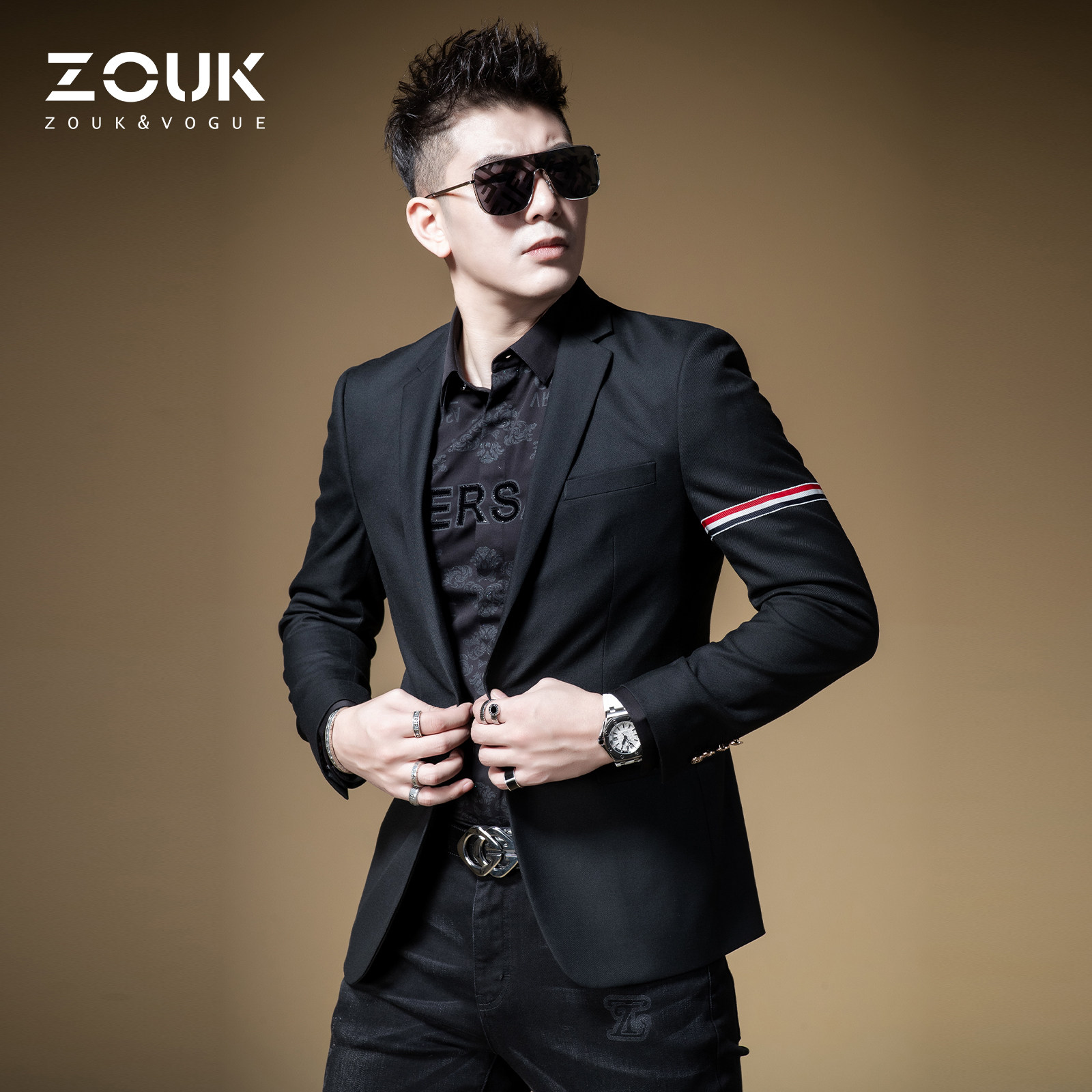 ZOUK高级感轻熟风男装灰色条纹英式休闲西装男2021年新款帅气西服