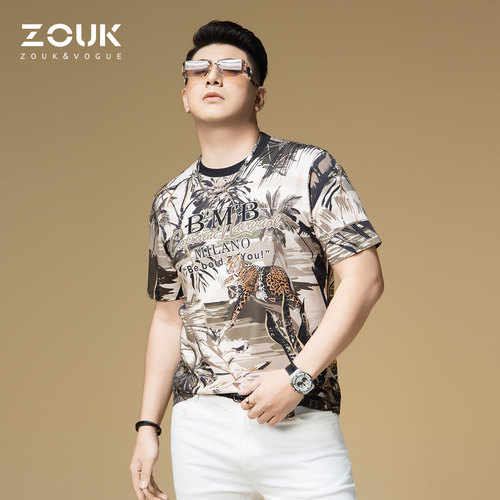 ZOUK猎豹印花烫钻纯棉短袖t恤男2026新款潮牌男装2026新款体恤夏