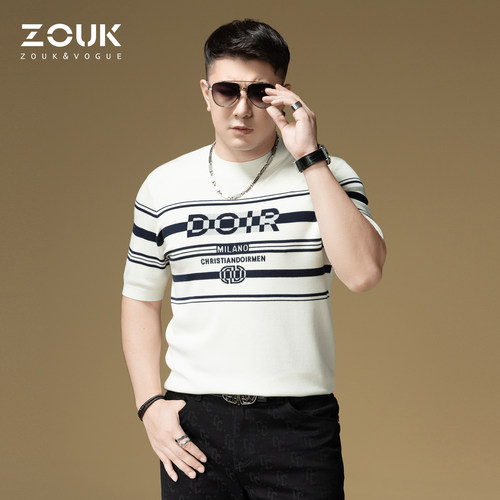 ZOUK字母提花潮牌条纹毛衣男短袖针织衫男士羊毛衫2025新款上衣秋