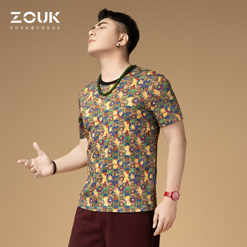 ZOUK高端男士短袖t恤2025新款复古潮牌印花纯棉凉感休闲上衣夏季