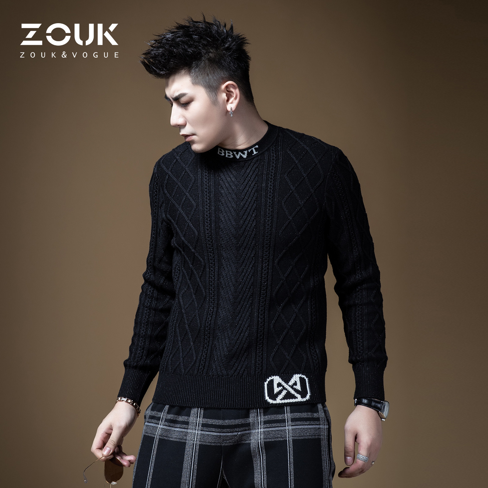 ZOUK男士黑色字母麻花圆领毛衣男宽松慵懒港风韩版潮流个性羊毛衫