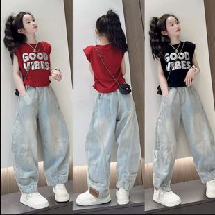 女童套装2025夏季新款儿童夏天亮片T恤背心夏款牛仔哈伦裤两件套