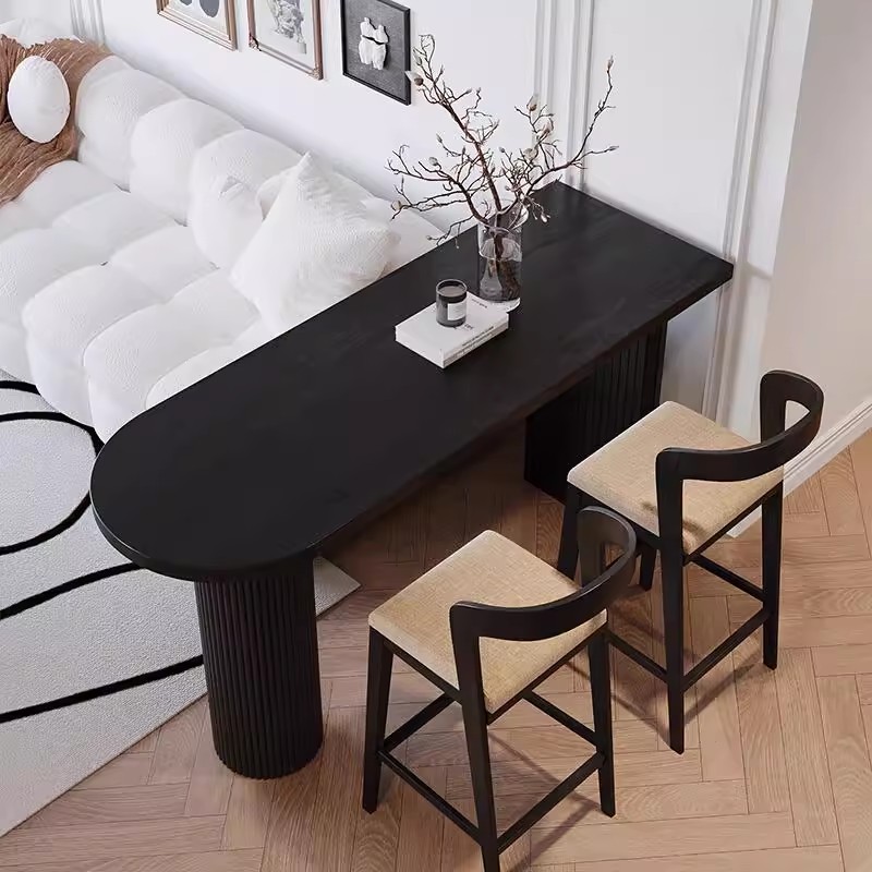 黑色实木高脚长吧台桌家用客厅靠墙窄桌法式休闲奶茶西餐厅高脚桌