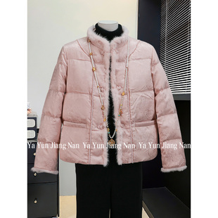 妈妈冬装新中式国风暗花羽绒服中老年女冬季毛领立领高贵外套上衣