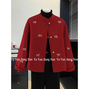 新中式国风妈妈冬装羊毛呢外套中老年女冬季高贵气质短款羊绒大衣