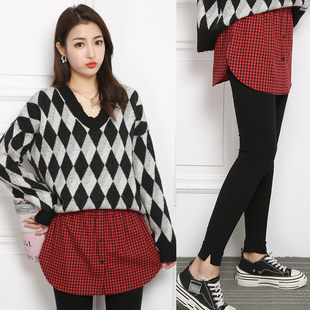 春秋卫衣叠穿内搭打底磨毛格子女半身裙搭配毛衣假下摆遮胯小屁帘
