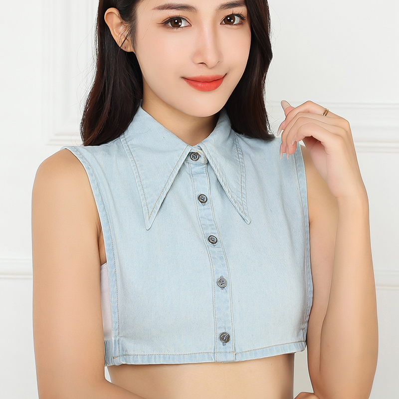 新款大尖领假领子女百搭春秋冬复古加大牛仔衬衫节约领衬衣打底衫
