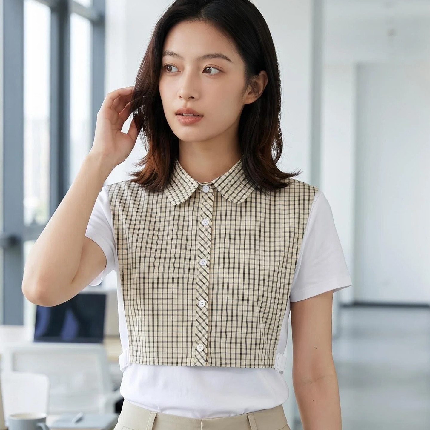 新款韩版格子假领子衬衫领女士百搭装饰搭配毛衣假衣领打尖领圆领
