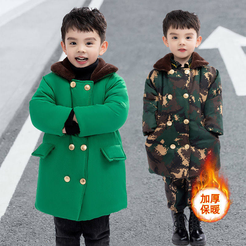 儿童军大衣男童中长款加绒加厚军绿色大衣复古土潮东北大棉袄