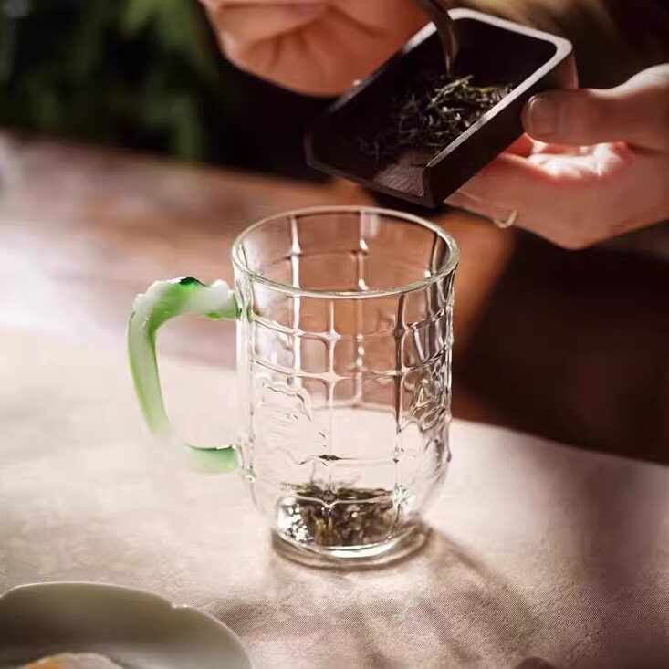 雪山绿茶玻璃杯带把手