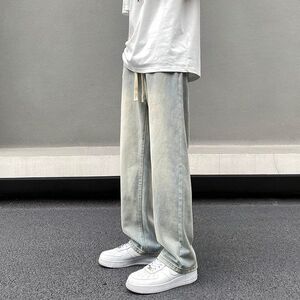 美式黄泥牛仔裤男生秋季薄款宽松直筒百搭潮流高街vibe阔腿长裤子