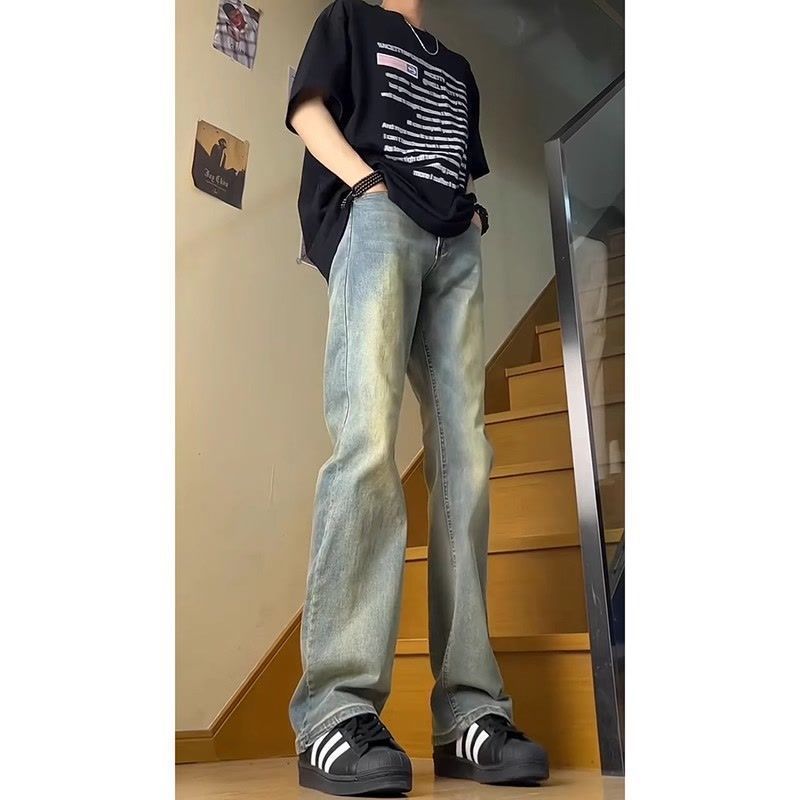 男士牛仔裤春秋季美式高街直筒修身窄版复古蓝微喇休闲长裤子男生