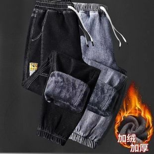 加绒牛仔裤男款冬季百搭潮牌束脚哈伦显高休闲松紧腰工装裤子春款