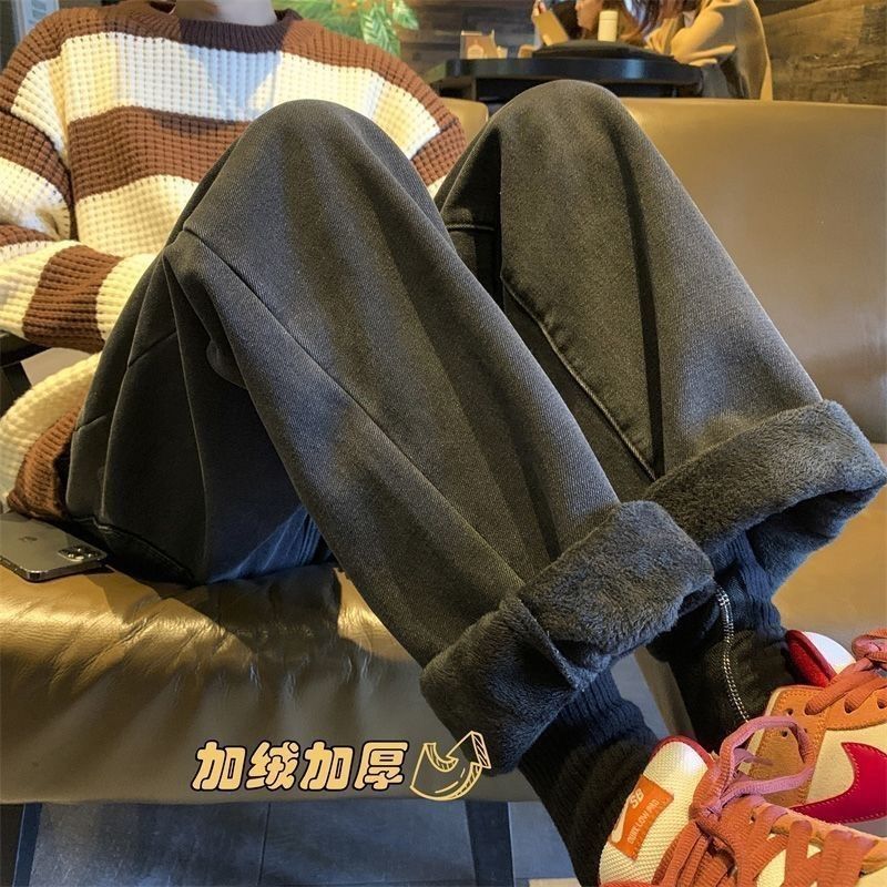 美式高街复古加绒加厚牛仔裤男女