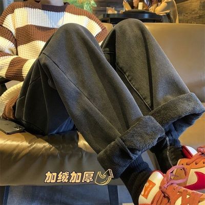 美式高街复古加绒加厚牛仔裤男女