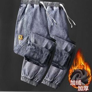 牛仔裤男士工装宽松束脚抽绳春秋季潮牌美式休闲加绒裤子春秋男款