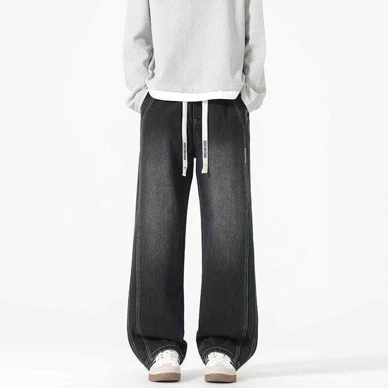 潮牌男士复古直筒牛仔裤2026年冬季新款宽松抽绳阔腿休闲长裤春款