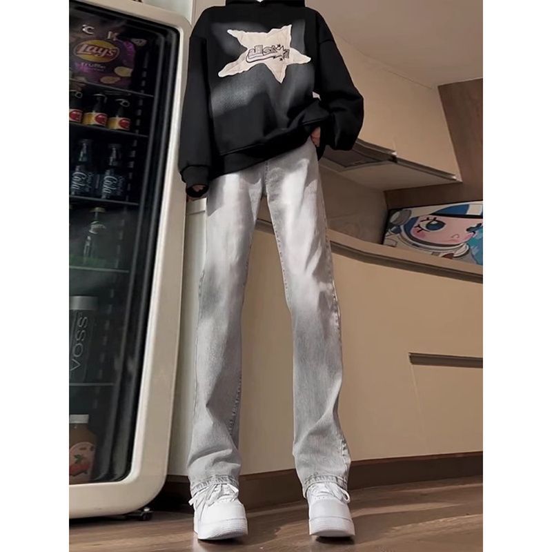 水洗修身微喇牛仔裤男春秋季美式潮牌宽松vibe皮带款痞帅阔腿裤子