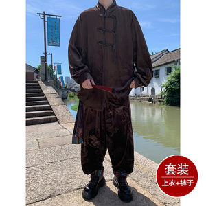 新中式A盘扣龙纹暗花金丝绒夹克舞蹈阔腿裤套装男TZ180-P136控158图片