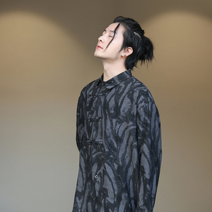 新中式风H风扎染链条嘻哈暗纹盘扣衬衫t桖男CS20-P68控88