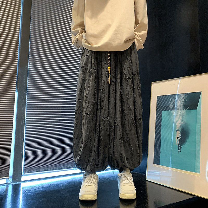 新中式E暗黑风破洞乞丐镂空设计感阔腿束脚裤K129-P75控98,男装休闲裤,电商A005-1